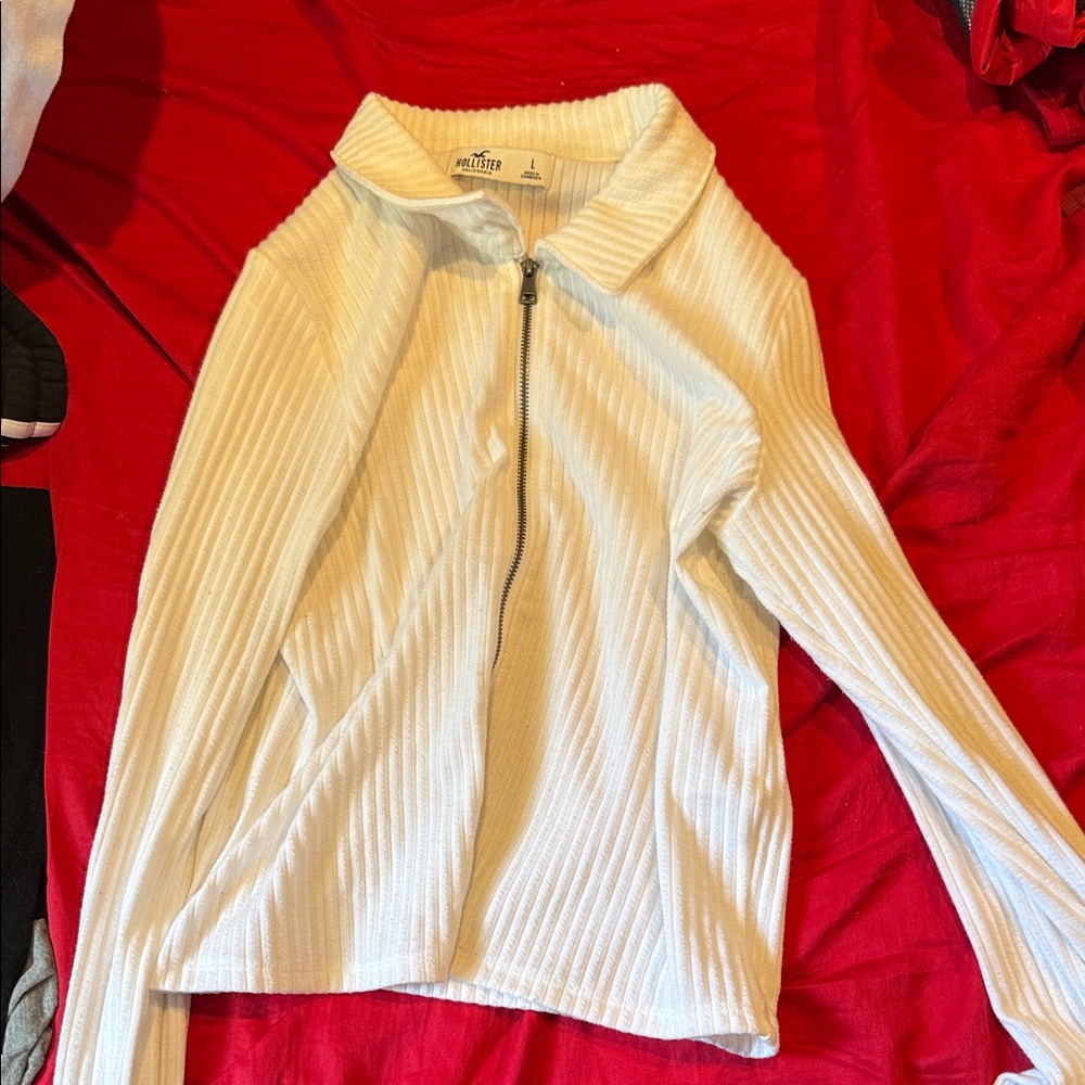 Hollister Cream Ribbed Zip-Up Collared Top
